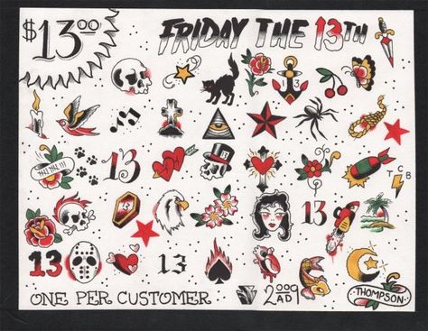 Friday The 13th #Tattoo Designs Sailor Jerry Tattoo Flash, Trad Tattoos, Friday The 13th Tattoo, 13 Tattoo, Tattoo Apprenticeship, Gothic Angel, 13 Tattoos, Crescent Moon Tattoo, Tattoo Flash Sheet