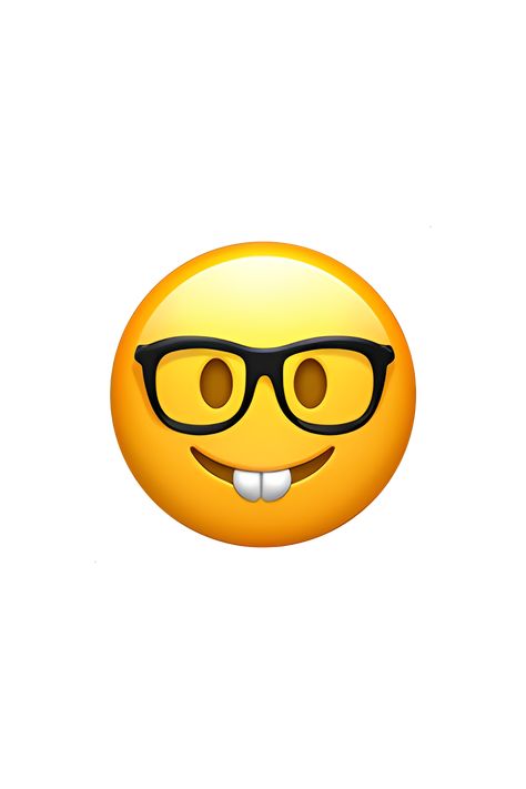 The 🤓 Nerd Face emoji depicts a yellow face with thick black-rimmed glasses, buck teeth, and a wide smile. The eyes are slightly crossed and the eyebrows are raised, giving the impression of excitement or enthusiasm. The hair is styled in a messy, unkempt fashion, adding to the nerdy appearance. Overall, the emoji conveys a sense of intelligence, studiousness, and perhaps a bit of social awkwardness. Buck Teeth Emoji, Nerd Emoji Drawing, Nerd Face Emoji, Nerd Emoji With Finger Up, Apple Emoji Png, Emoji With Glasses, Emot Iphone, Ios Emoji Png, Emoji Nerd