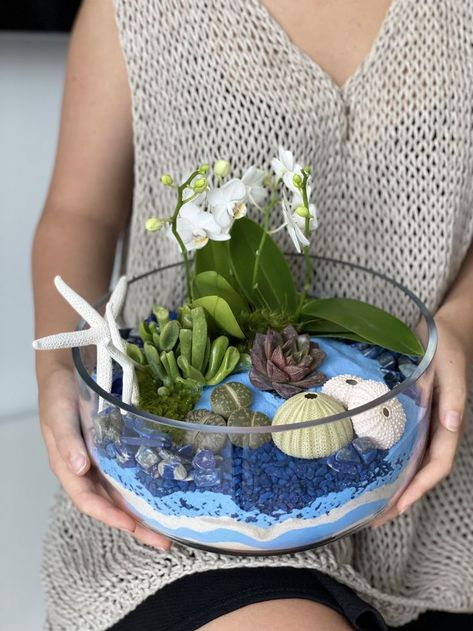 Terrarium with mini orchids and succulents on a marine theme in blue colors with decorative sand and stones. Decorative elements in the form of starfish and seashells complete the composition. Mini Orchids, Beach Terrarium, Orchids And Succulents, Orchid Terrarium, Marine Theme, Decorative Elements, Starfish, Terrarium, Sea Shells