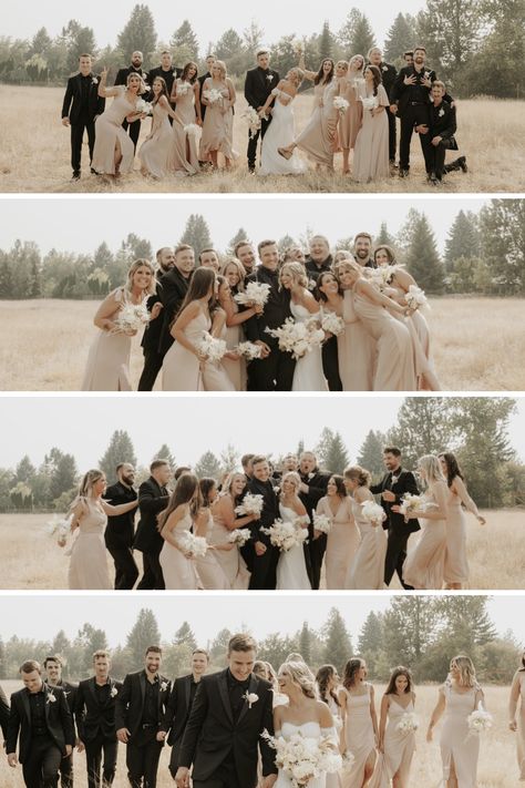 Bridal Party With More Bridesmaids Than Groomsmen, Farm Wedding Bridal Party, Bridal Entourage Photoshoot Ideas, Bridal Party Photos Bridesmaid, Bridal Party Prompts, Unique Wedding Party Attire, Wedding Photoshoot Bridesmaids, Bridal Party And Groomsmen Photos, Rustic Wedding Party Photos