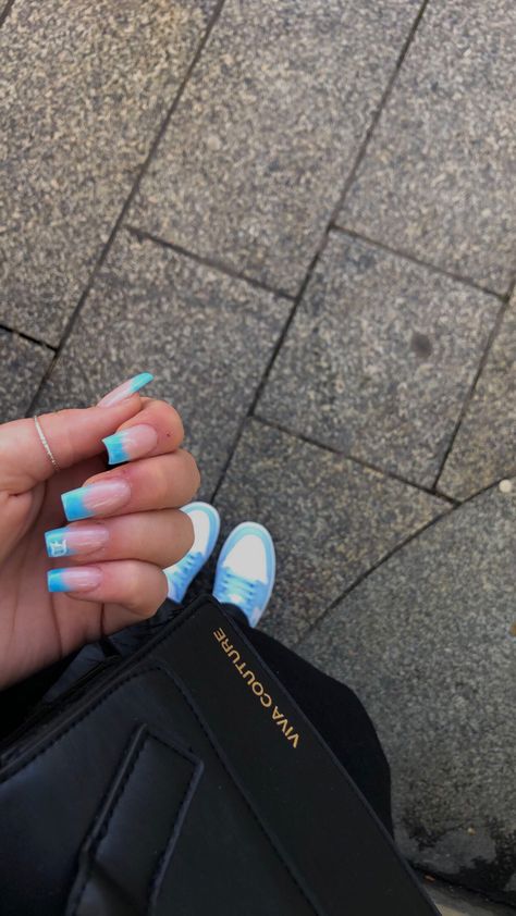 Light Blue Nails With Initial On It, Nails With His Initials Blue, Blue French Tip Nails With Initial, Light Blue Nails With Initials, North Carolina Blue Nails, Blue Initial Nails, Blue Nails With Initials, French Nails With Initials, Nail Inspo With Initial