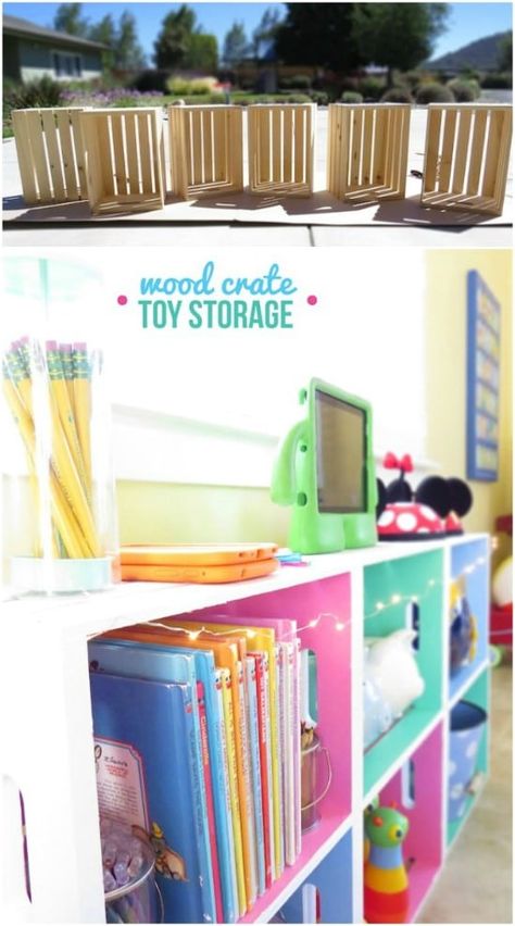 Crate Toy Storage, Toy Organization Diy, Creative Toy Storage, Euro Pallet, Crate Bookshelf, Diy Toy Storage, Toy Storage Solutions, Woodworking Projects Furniture, Woodworking Projects For Kids