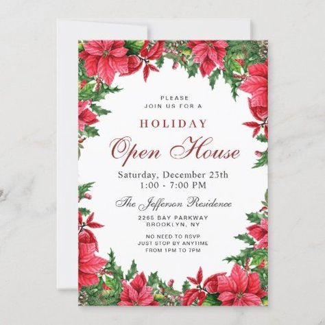 Festive Poinsettia Christmas Holiday Open House for $2.80 - Christmas Party Invitations Housewarming Christmas Party, Holiday Open House Invitations, Holiday Open House, Open House Invitation, Housewarming Party Invitations, Corporate Holiday Party, Holiday Stationery, Holiday Christmas Party, Christmas Invitation