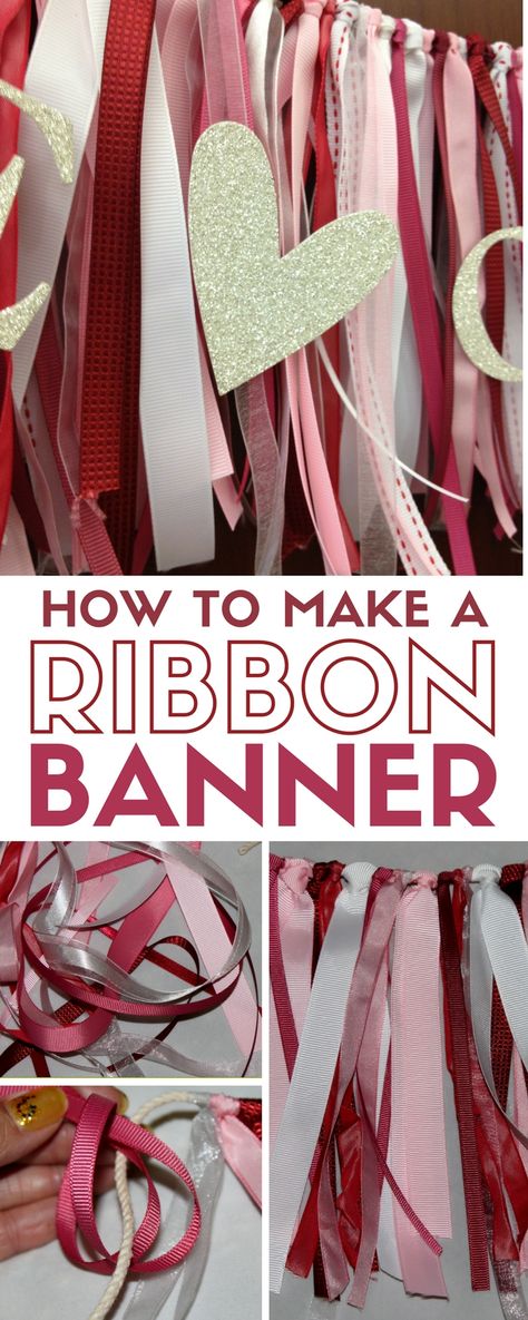 Easy Ribbon Banner | Party Ideas | Home Decor | DIY Crafts Ribbon Garland Diy How To Make, Craft Ideas With Ribbon, Ribbon Hanging Ideas, How To Decorate With Ribbon, Diy Ribbon Banner, Birthday Ribbon Banner, Ribbon Banner Template, Ribbon Wall Hanging, Viking Birthday