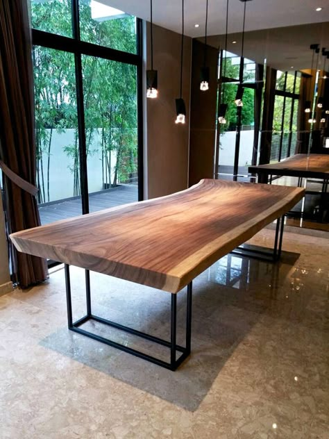 3 Meter Suar Table with Black Powder-coated Steel frame legs Large Wooden Table, Dome Ceiling Light, Dome Ceiling, Slab Table, Contemporary Chairs, Solid Wood Table, Steel Table, Dining Table Design, Solid Wood Dining Table