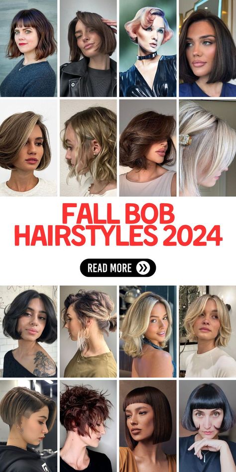 For fall bob hairstyles 2024, cut and color will be key to achieving the perfect look. Choppy or layered bobs provide a fresh take on the classic style, especially for African American women who want to embrace their natural texture. Straight bobs with fringe or wavy bobs are also popular, offering a mix of sleekness and movement. Blonde and brunette shades remain timeless, but experimenting with red or black hues can add a unique flair. Types Of Bob Hairstyles, Fall Bob Hairstyles Cut And Color, Fall Bobs 2024, Bob Hairstyles 2024 Trends, Bobs With Fringe, Red And Brunette, Fall Bob Hair Color, Fall Bob Hairstyles, Straight Bobs