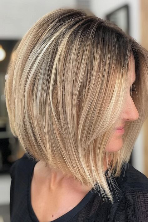 Inverted Bob Haircuts: 25 Styles That Are Taking Over 2024 Blended Blonde Balayage, Medium Inverted Bob, Concave Bob Hairstyles, Blended Blonde, Inverted Bob Haircuts, Side Bangs Hairstyles, Lifeless Hair, Layered Bob Hairstyles, Red Highlights