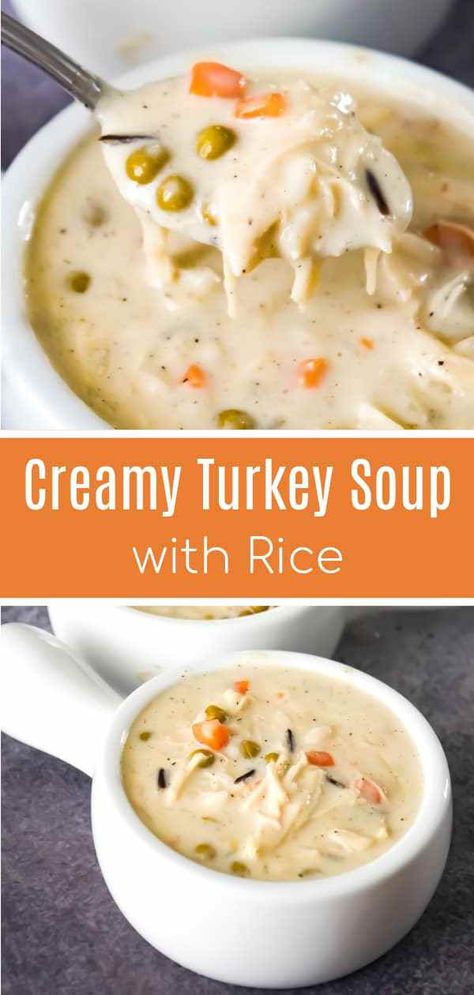 Creamy Turkey Soup with Rice is a perfect fall comfort food recipe. This hearty soup is a great way to use up your leftover Thanksgiving turkey. Turkey Soup With Rice, Cream Of Turkey Soup, Creamy Turkey Soup, Turkey Rice Soup, Soup With Rice, Leftover Turkey Soup, Leftover Thanksgiving, Turkey Soup Recipe, Thanksgiving Turkey Leftovers