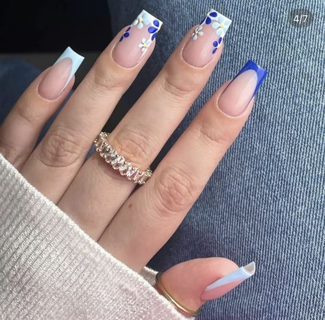 Blue Acrylics Nails, French Tip With Blue Design, Blue Spring Nail Designs, Blue Spring Nails Acrylic, Nails Acrylic Almond Blue, Nails Square Blue, Spring Nails Acrylic Almond, Blue Nails Spring, Spring Nails Square