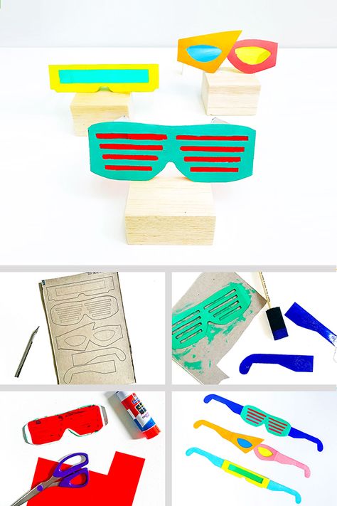 Kids will have a total blast crafting 3 pairs of bodacious 80's-inspired sunglasses out of an upcycled cereal box and paint! Free templates included. Futuristic Crafts For Kids, 80s Activities For Kids, Decades Activities, Decades Activities For Kids, Decades Arts And Crafts, Decades Themed Crafts, Decades Crafts, Time Travel Crafts For Kids, Retro Crafts For Kids