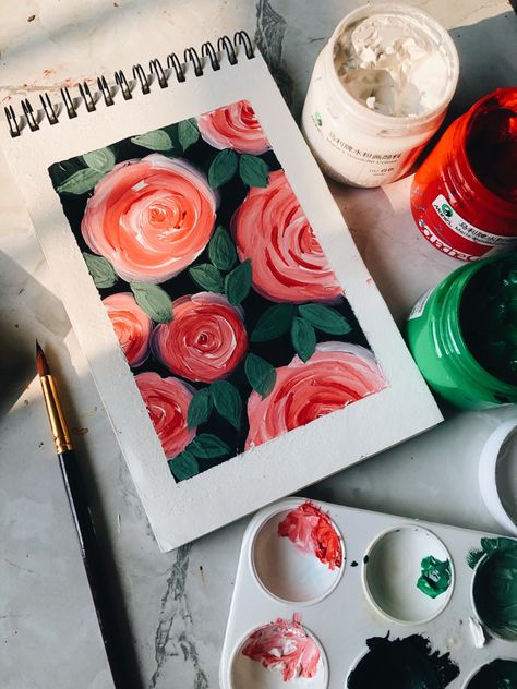 Rose Painting Gouache, Colorful Gouache Painting, Floral Gouache Painting, Flower Gouache Painting, Rose Gouache, Gouache Rose, Moodboard Painting, Rose Garden Painting, Gouache Florals