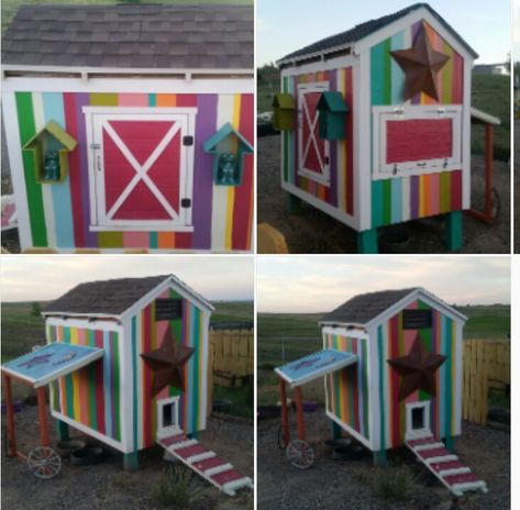 My crazy chicken lady, painted rainbow chicken coop! Rainbow Chicken Coop, Colorful Chicken Coop Ideas, Chicken Coop Painting Ideas, Paint Chicken Coop, Painted Chicken Coop Ideas, Chicken Coop Paint Ideas, Colorful Chicken Coop, Chicken Coop Paint, Painted Chicken Coop