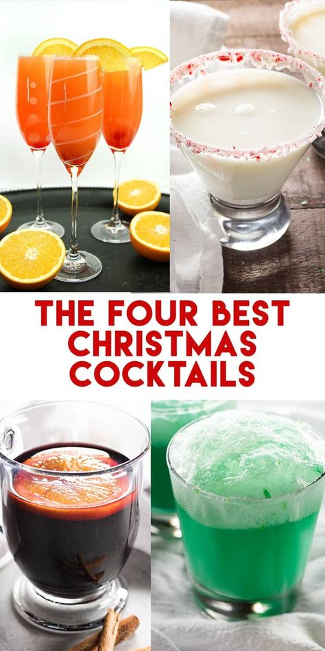 Four of the best cocktails for all of your holiday and Christmas parties!  These cocktail recipes are easy to make and fun for a crowd! Peppermint Rumchata Recipes, Mimosa Punch, Yum Drinks, Best Christmas Cocktails, Christmas Cocktails Easy, Festive Holiday Drinks, Christmas Drinks Alcohol Recipes, Christmas Drinks Recipes, Christmas Drinks Alcohol