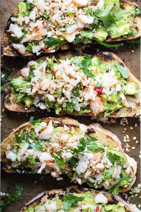 Avocado Toast with Sesame Shrimp | Avocado toast with fresh shrimp on crusty ciabatta bread. This is a great appetizer or summer style lunch. Perfect with a chilled glass of Chardonnay. #foodnessgracious #appetizer #shrimp #avocadotoast #ciabattabread #grilling #summerrecipe Pool Food, Sesame Shrimp, Bruschetta Bar, Fresh Shrimp, Lunch Prep, Appetizers For A Crowd, Ciabatta Bread, Seafood Appetizers, Healthy Recipies