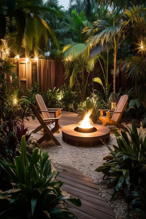 Tropical Garden Design, Tropical Backyard, Desain Lanskap, Backyard Inspiration, Backyard Inspo, Tropical Landscaping, Backyard Makeover, Outdoor Fire, Back Garden