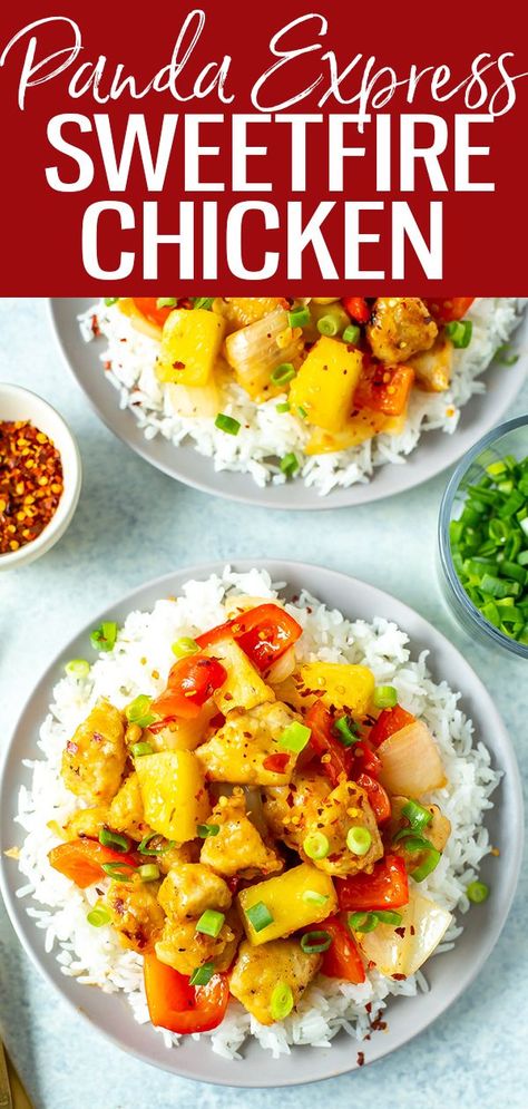 This Sweetfire Chicken is a perfect Panda Express copycat with chicken, red pepper, onion and pineapple in a spicy sweet chili sauce. #pandaexpress #sweetfirechicken Sweet Fire Chicken, Panda Express Copycat, Sweet Chilli Chicken, Sweet Chili Chicken, Fire Chicken, Budget Recipes, Pineapple Chicken, Panda Express, Kitchen Fun