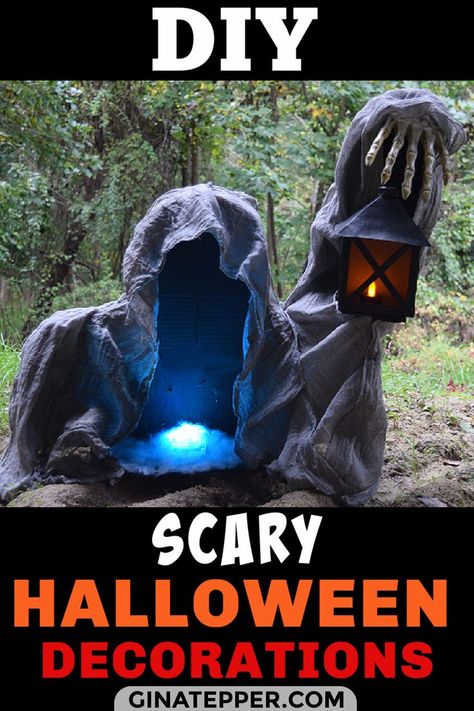 Learn how to make unbelievable DIY scary Halloween Decorations like this DIY Wraith Halloween Decoration for a few dollars using household items and inexpensive things. I have instructions on how to dye cheesecloth for the cloak and make the lantern from a tissue box. Halloween Cheesecloth Decoration, Dye Cheesecloth, Diy Scary Halloween Decorations, Halloween Yard Decorations Diy, Halloween Lawn Decorations, Easy Outdoor Halloween Decorations, Cheap Diy Halloween Decorations, Unique Halloween Decorations, Scary Halloween Decorations Diy