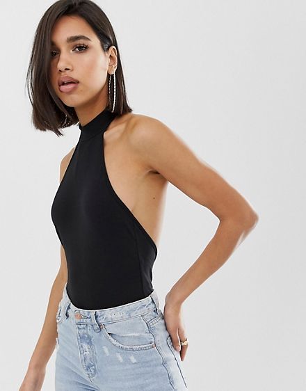 ASOS DESIGN sexy halter neck body with ultra low back in black Turtle Neck Sleeveless, Halter Neck Bodysuit, Tops For Women Casual, Back In Black, Sleeveless Bodysuit, Mode Online, Women Shirts Blouse, Ladies Dress Design, Black Bodysuit