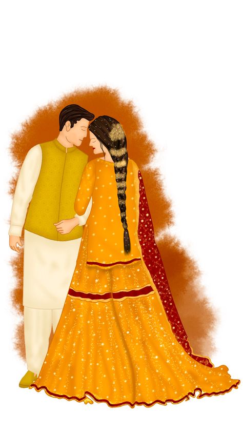 #fashion #illustration #sketch #wedding #weddingcaricatures #caricature #handdrawing #turmeric #haldi #haldiceremony #haldioutfit Booking open for 2023 Order details: https://instagram.com/natasha_chhabra_illustrator?igshid=MjEwN2IyYWYwYw== Dm for any enquiries. Haldi Illustration Couple, Haldi Cartoon Bride, Haldi Illustration, Haldi Caricature, Outfit For Haldi, Canva Illustration, Simple Wedding Invitation Card, Haldi Wedding, Couple Illustrations