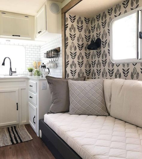 Cozy RV Renovation Wallpaper In Rv Accent Walls, Rv Wallpaper Makeover, Rv Wallpaper Ideas, Camper Wallpaper, Rv Wallpaper, Trailer Makeover, Rv Interior Design, Horse Trailer Living Quarters, Camper Redo