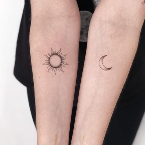 Masculine Sun Feminine Moon Tattoo, Unique Friendship Tattoos, Matching Tattoos For Couples, Pair Tattoos, Couple Tattoo Ideas, Luna Tattoo, Tattoos For Couples, Twin Tattoos, Cute Matching Tattoos