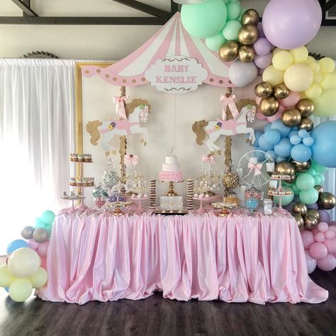 Carousel Dessert Table by Bizzie Bee Creations Baby Shower Ideas For Boy, Unicorn Baby Shower Theme, Pastel Carnival, Flower Baby Shower Theme, Moon Baby Shower Theme, Fishing Baby Shower Theme, Prince Baby Shower Theme, Carousel Baby, Carousel Birthday Parties