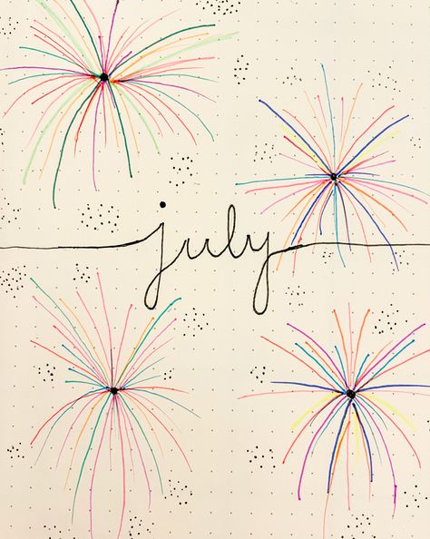 4 Of July Drawing Ideas, July Calendar 2023 Aesthetic Whiteboard, July Spread Bullet Journal, 4th Of July Doodles Bullet Journal, July Bullet Journal Cover Fireworks, 4th Of July Journal Ideas, Bujo July Cover Page, July Bujo Ideas, July Book Journal Spread