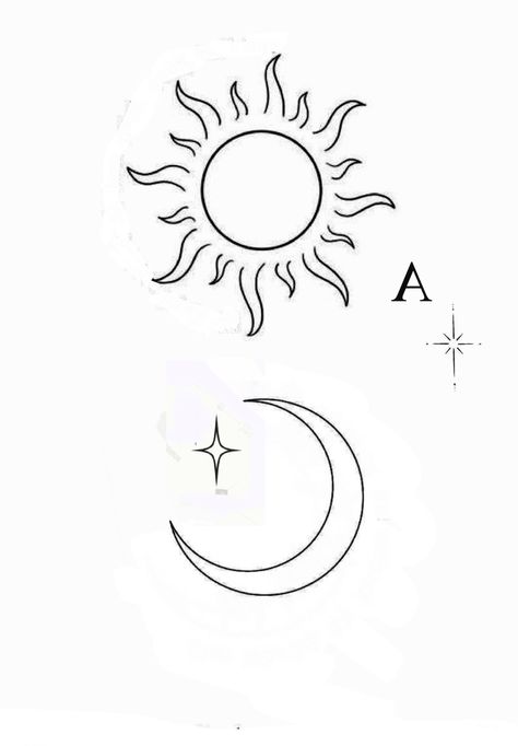 Sun And Moon Outline Tattoo, Sun And Moon Line Drawing, Simple Sun Tattoo Outline, Moon Tattoo Template, Sun And Moon Fine Line, Simple Moon Drawing, Sun And Moon Outline, Simple Sun And Moon Tattoo, Sun And Moon Tattoo Stencil