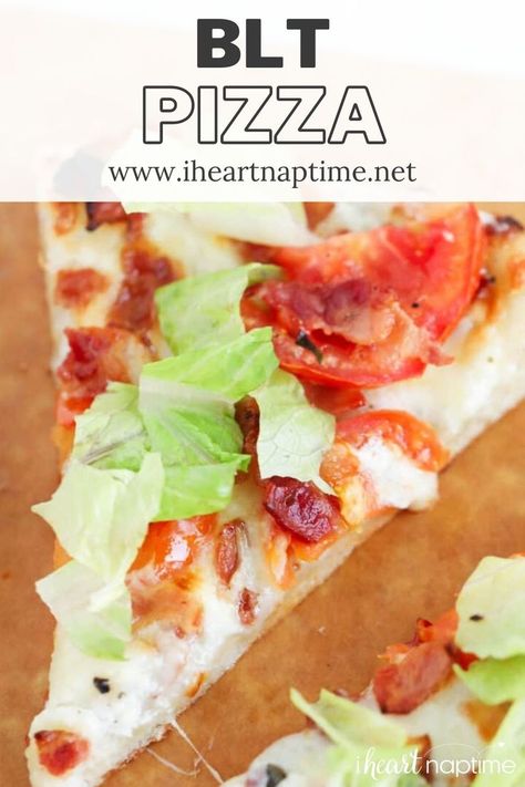 Crispy pizza dough topped with garlic ranch sauce, mozzarella, bacon, tomatoes and shredded lettuce. This BLT pizza is so easy to throw together and makes the perfect appetizer, lunch or dinner! Blt Pizza, Crescent Roll Pizza, Burger Bun, Bacon Pizza, Crispy Pizza, I Heart Naptime, Bbq Ideas, Tomato Sandwich, Flatbread Pizza