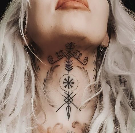 Viking Tattoo Symbol Neck Throat Tattoos Women, Shrunken Head Tattoo, Chest Neck Tattoo, Throat Tattoos, Front Neck Tattoo, Girl Neck Tattoos, Side Neck Tattoo, Throat Tattoo, Neck Tattoos Women