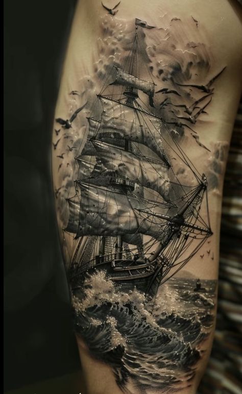 Ship On Stormy Sea Tattoo, Dark Nautical Tattoo, Nautical Knee Tattoo, Stormy Lighthouse Tattoo, Flying Dutchman Tattoo, Ship Wreck Tattoo, Pirate Sleeve Tattoo, Navy Tattoos For Men, Pirate Themed Tattoos