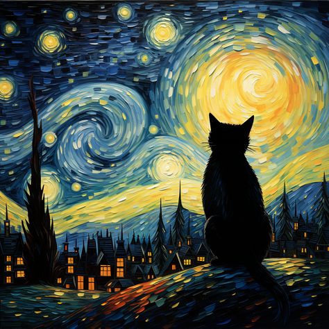 Meow Art, Vincent Willem Van Gogh, Starry Night Art, Iconic Artwork, Arte Van Gogh, Wall Decor Crafts, Van Gogh Art, Starry Night Van Gogh, Night Painting