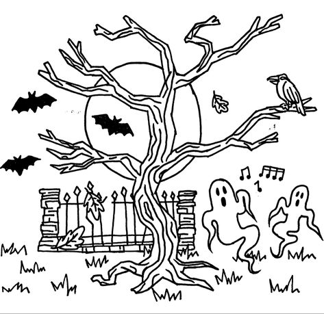 Inktober Halloween Drawing Doodle in black and white Ink. Ghosts, tree, bats, moon, grass, leaves, gate, and music doodles. Halloween Window Drawing Ideas, Halloween Scene Drawing, Spooky Doodles, Town Drawing, Tree Doodle, Ghost Drawing, Window Drawing, Scene Drawing, Spooky Trees