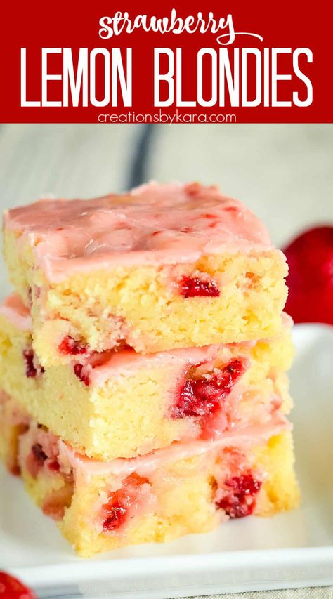 Got fresh strawberries? These STRAWBERRY LEMON BLONDIES are soft, moist, and bursting with juicy berries and fresh lemon flavor! A strawberry lemon glaze makes them irresistible. #strawberrylemon #strawberryblondies @Creations by Kara Strawberry Lemon Desserts Easy, Strawberry Healthy Dessert, Strawberry Lemon Desserts, Strawberry Blondies Recipe, Lemon Blondies Recipe, Strawberry Lemon Blondies, Lemon Blondies, Oatmeal Chocolate Chip Bars, Pumpkin Pie Bars