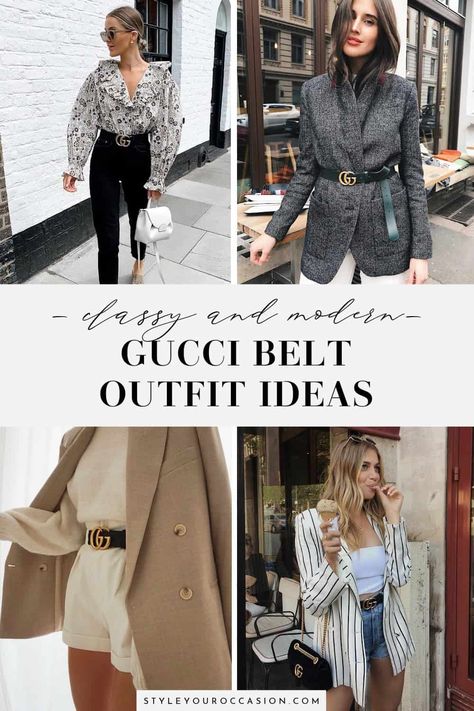 Looking for Gucci belt outfit ideas? See classy and modern ways to style a Gucci belt for spring, summer, winter, and fall - in both casual and dressy ways. Wear it with dress or jeans, or shorts, or over a blazer, and achieve a chic Gucci aesthetic! Gucci Belt Outfit Classy, Gucci Belt Outfit Winter, Brown Gucci Belt Outfit, Gucci Belt Outfits, Belt Dress Outfit, Brown Gucci Belt, Gucci Belt Women, Gucci Aesthetic, Gucci Belt Outfit