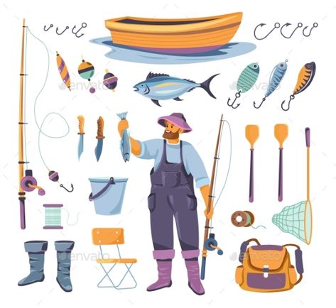 Fisherman Tools Fisherman Drawing, Fisherman Illustration, Fishing Icon, Fishing Illustration, Work Journal, Fish Illustration, Fish Net, Fishing Game, Poetry Book