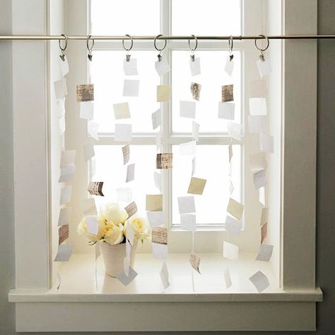 This would be very cute & affordable using paint chips! Kitchen Window Treatments Diy, Paper Curtain, Traditional Window Treatments, Unique Window Treatments, Types Of Window Treatments, Traditional Windows, Diy Window Treatments, Funky Junk Interiors, Kitchen Window Treatments