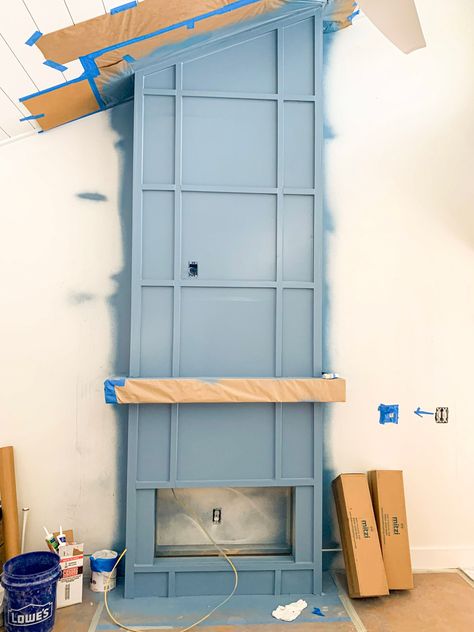 Check out this custom built fireplace and mantle where none existed before trimmed in blue for a beachy, coastal design! Fireplace Surrounds And Mantels, How To Build A Mantle, Building A Fireplace, Built Fireplace, Fireplace And Mantle, Jennifer Allwood, Fireplace Trim, Build A Fireplace, Paint Fireplace