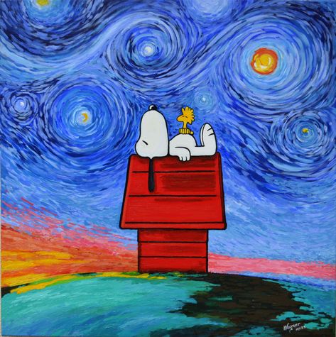 Snoopy Art, Woodstock Snoopy, Starry Night Art, Canvas Drawing, A Starry Night, Snoopy Christmas, Small Canvas Art, Diy Canvas Art Painting, Night Art