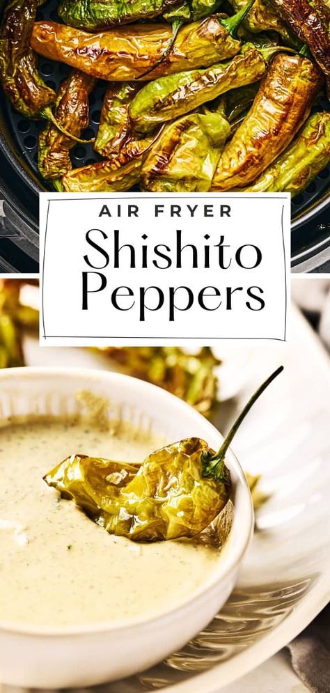 Air-fried Shishito Peppers are the perfect healthy and easy appetizer. They're a fantastic addition to any gathering or a simple evening snack. Try this recipe and discover your new favorite way to enjoy shishito peppers today! Shishito Peppers Air Fryer, Shishito Peppers Recipe, Seasonal Vegan Recipes, Shishito Peppers, Spicy Appetizers, Vegan Party Food, Drink Inspiration, Vegan Side Dishes, Vegan Sides