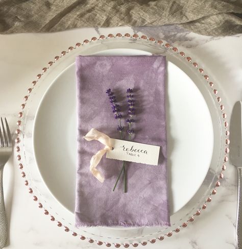 Luxury bohemian inspired purple lavender wedding table place setting. Featuring one of our hand deckled cotton rag name tags with hand written calligraphy and finished with a silk ribbon. Drop us a message or email for more information or to place an order Lavender Wedding Table, Purple Lavender Wedding, Purple Table Settings, Purple Wedding Tables, Wedding Table Place Settings, Luxury Bohemian, Purple Table, Marble Wedding, Lilac Wedding