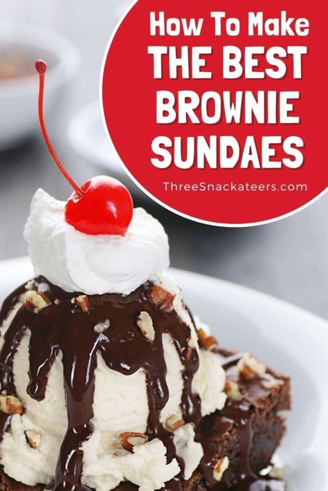 Brownies With Ice Cream On Top, Brownie Sundae Recipes, Hot Fudge Brownie Sundae, Hot Fudge Sundae Bar, Brownie Sundae Ideas, Brownie Ice Cream Desserts, Brownie Bowls For Ice Cream, Homemade Sundaes, Brownie Sundae Bar