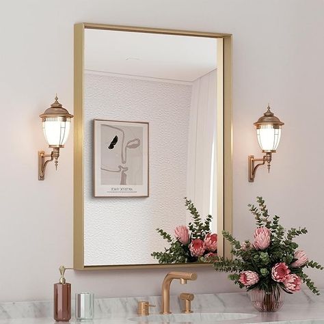 Amazon.com: TETOTE Brushed Gold Bathroom Mirror 24 x 36 Inch Rectangle Gold Metal Framed Bathroom Vanity Mirror, Modern Farmhouse Rectangular Brass Frame Large Wall Mirror for Over Sink (Horizontal/Vertical) : Home & Kitchen Gold Bathroom Mirror, Brushed Gold Bathroom, Large Bathroom Mirrors, Bathroom Mirror Frame, Gold Framed Mirror, Over Sink, Large Wall Mirror, Visually Pleasing, Gold Bathroom