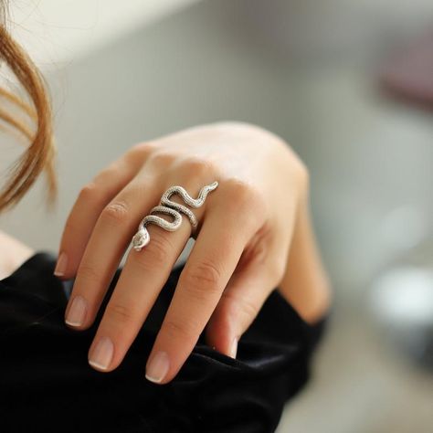 Long Snake Serpent Pattern Silver Adjustable Statement Ring | Etsy Fine Jewelry Silver Snake Ring, Snake Ring Aesthetic, Elegant Adjustable Snake Ring, Silver Vintage Snake Ring, Hand With Ring, Elegant Snake-shaped Metal Rings, Clay Aesthetic, Silver Metal Snake-shaped Ring, Medusa Ring