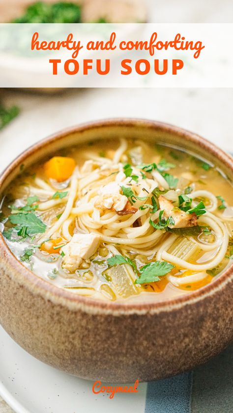 Savory chunks of roasted tofu, swimming in a rich vegetable broth with tender noodles create this hearty and soul-warming tofu soup. It's all the comfort of chicken noodle soup in a delicious, meat-free package. Firm Tofu Soup, Vegan Chicken Noodle Soup, Chicken Broth Soup, Bone Broth Soup, Tofu Noodles, Rice Noodle Soups, Tofu Soup, Plant Based Whole Foods, Noodle Soup Recipes