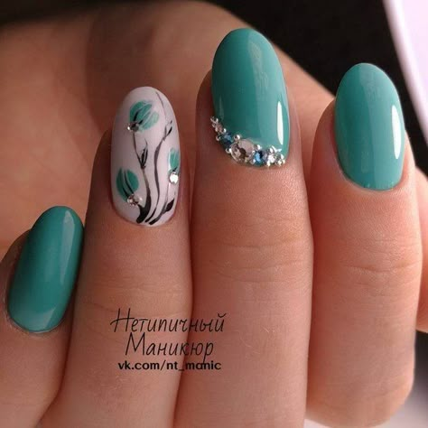 Teal Nails, Turquoise Nails, Her Nails, Nails Fall, Flower Nail Art, Gel Nail Designs, Beautiful Nail Art, Floral Nails, Nail Polishes