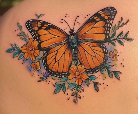 Butterfly And Flower Tattoo, Monarch Butterfly Tattoo, Butterfly Tattoos, Up Tattoos, Pattern Tattoo, Monarch Butterfly, Tattoo Inspo, Butterfly Tattoo, Flower Tattoo