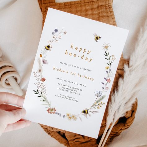 Happy Bee-day First Birthday Invitation - tap, personalize, buy right now! #Invitation #boho #rustic #modern, #tiny #flowers, Bee Birthday Theme, Bee Themed Birthday Party, Summer Birthday Invitations, Bee Birthday Party, Floral Birthday Invitations, Bee Day, Modern Birthday, Bee Birthday, Watercolor Birthday