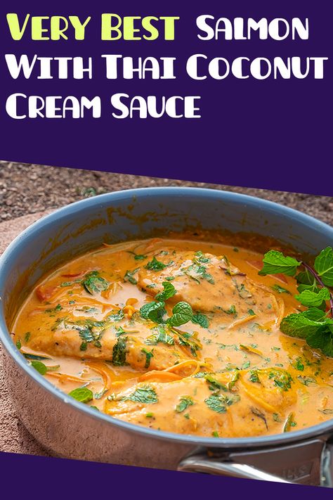 Salmon with Thai Coconut Cream Sauce in a Skillet Coconut Cream Sauce For Fish, Creamy Coconut Salmon, Salmon With Coconut Cream Sauce, Salmon Coconut Milk, Thai Coconut Salmon Curry, Healthy Fish Dinners, Coconut Curry Salmon With Jasmine Rice, Creamy Pesto Sauce, Pesto Salmon