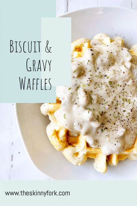 Biscuit & Gravy Waffles — The Skinny Fork Biscuit Waffles, Biscuit Gravy, Waffle Biscuits, Homemade Sausage Gravy, Turkey Breakfast Sausage, Waffle Maker Recipes, Savory Waffles, Gluten Free Waffles, Homemade Gravy